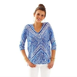 Lilly Pulitzer Jameson 100% Linen Tunic Top Size XS/S Blue Crush Floral Roomy